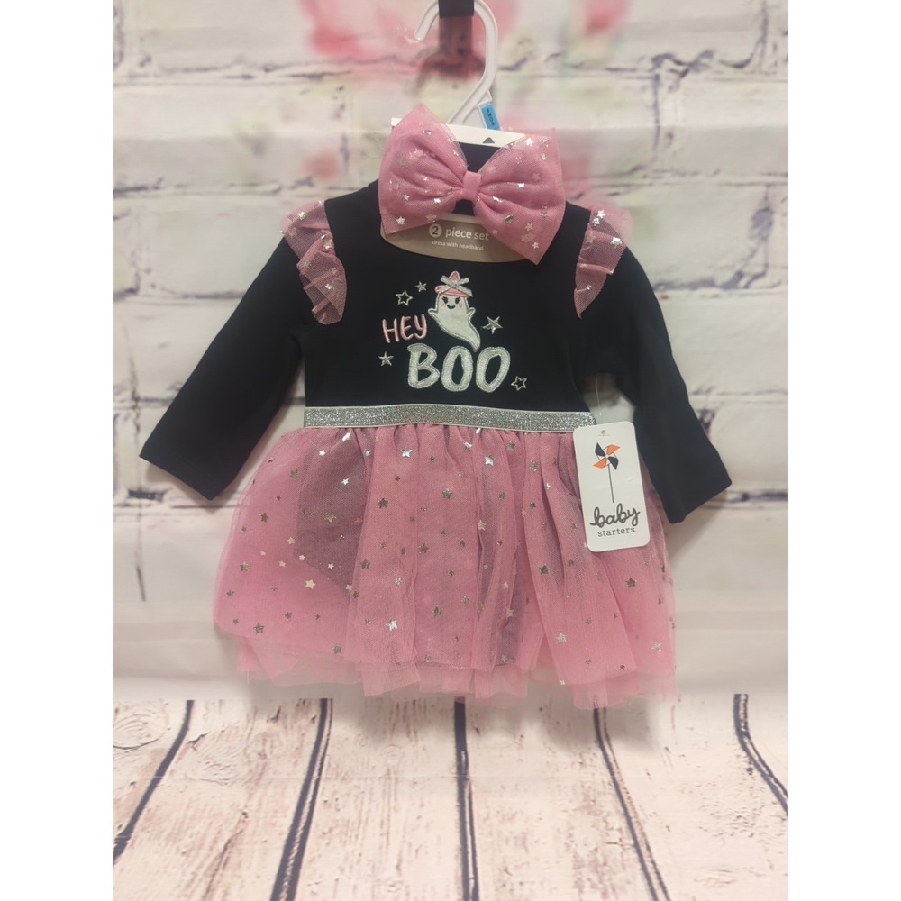Infant Bodysuit Tulle Skirt with Matching Hair Bow Pink Sparkly Stars Sz‎ 6 mths